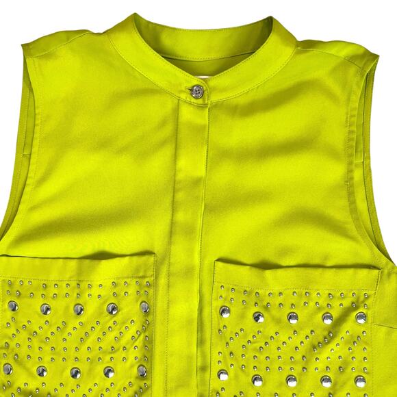 Michael Kors Sleeveless Dress Top Womens Med. Lime Green Button Down Blouse Glam - Picture 10 of 14